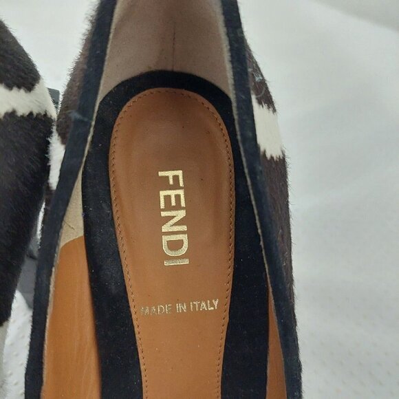 Fendi Italy Brown White Calf-hair Pointed Toe Diamond Cut Heeled Pump Size 36.5 - Picture 10 of 11